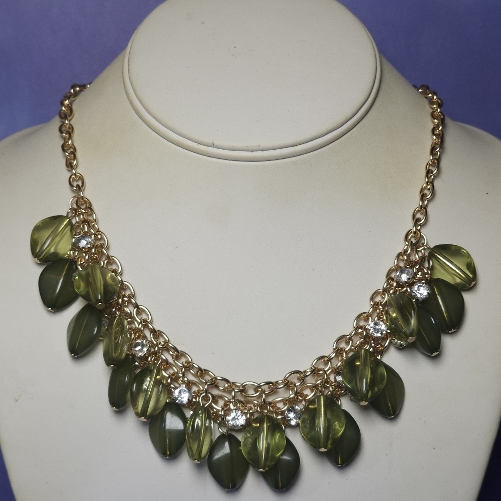 Gold Tone Fringe/ Bib Statment Necklace w/ Green Beads